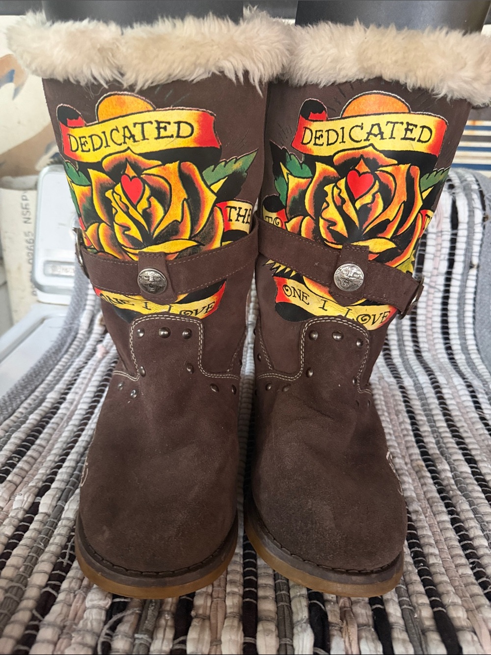 Ed Hardy Brown Suede Fur-Trimmed Boots with Colorful Rose Tattoo Art size 10